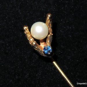 14k Gold Stick Pin • Genuine Pearl and Blue Sapphire!   !PRICE REDUCED!